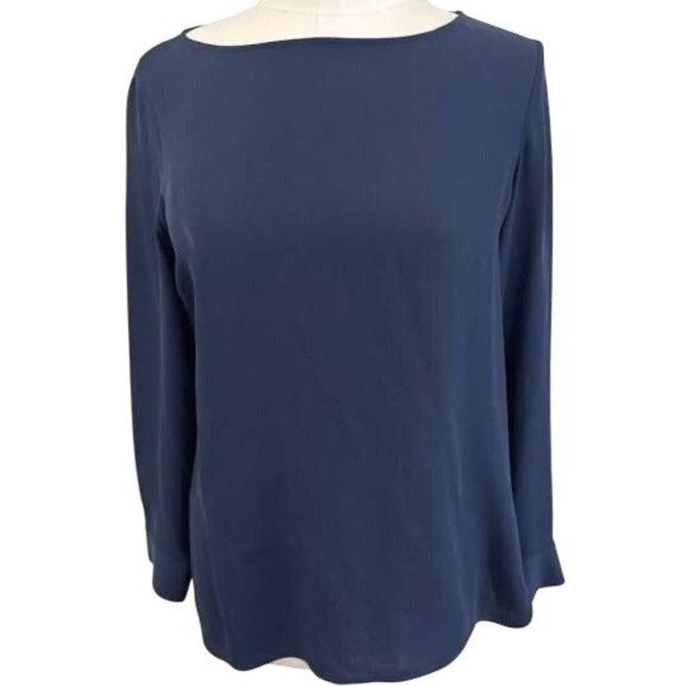 Vince Long Sleeve Silk Boatneck Top Womens Navy Large Boho Preppy Office